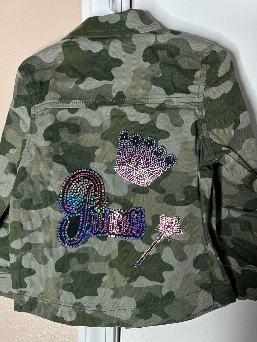 Girls' Camo Embellished Patch Jacket - Green NWOT